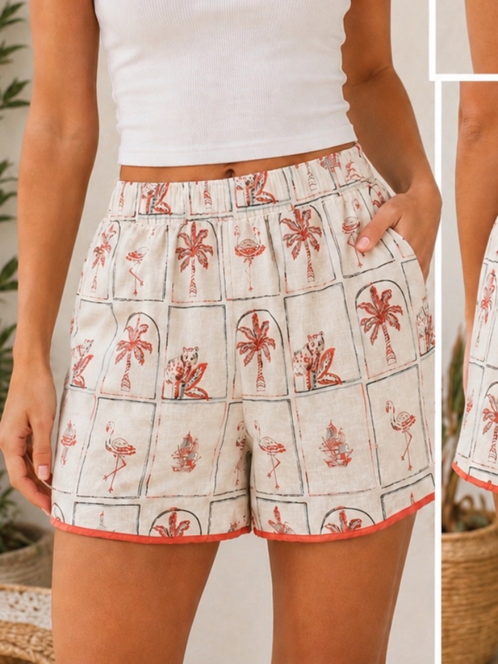 C&C California Cream Shorts with Coral Print